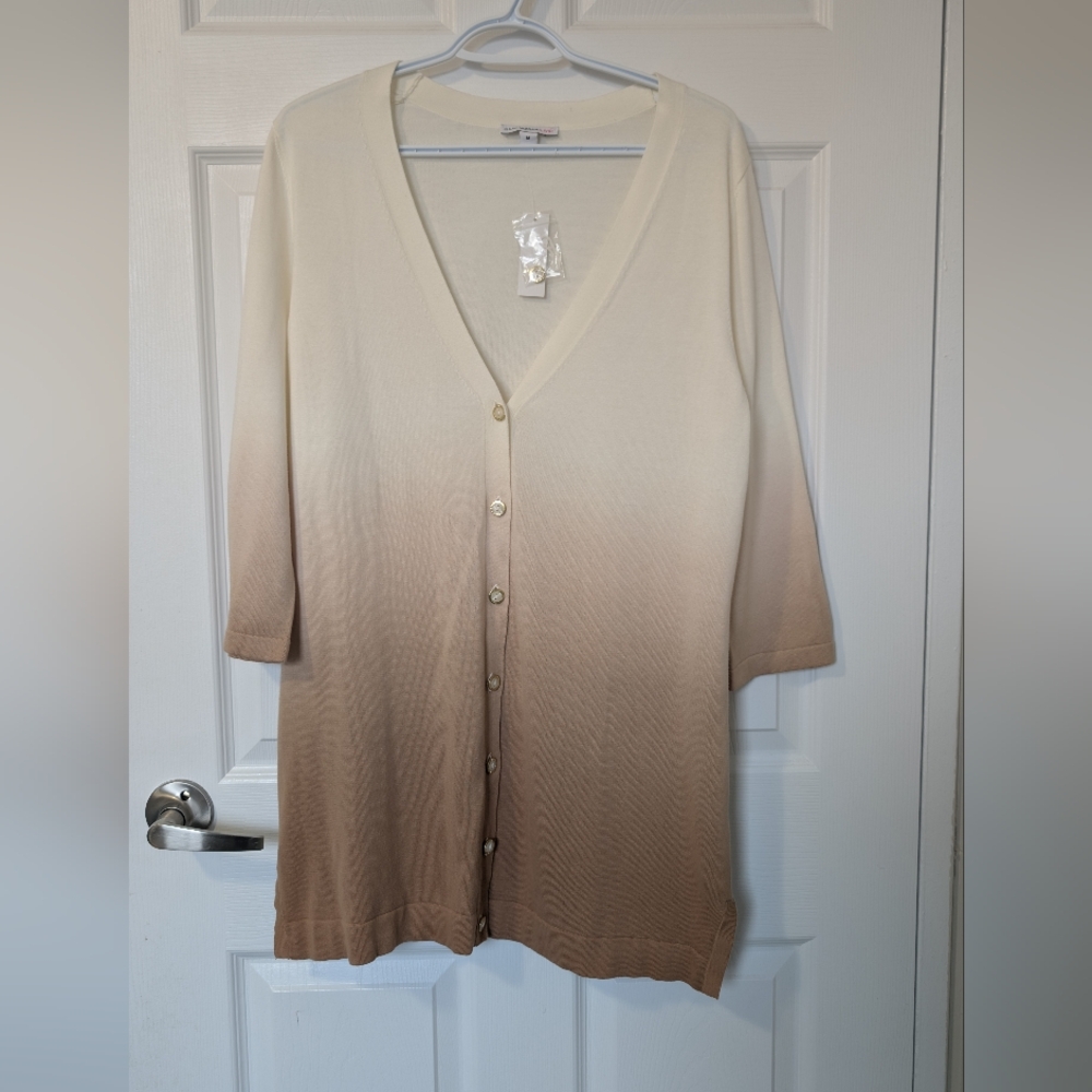 NWT Isaac Mizrahi Live! 100% Cotton Brown/White Ombre Fade V Neck Cardigan SZ M
